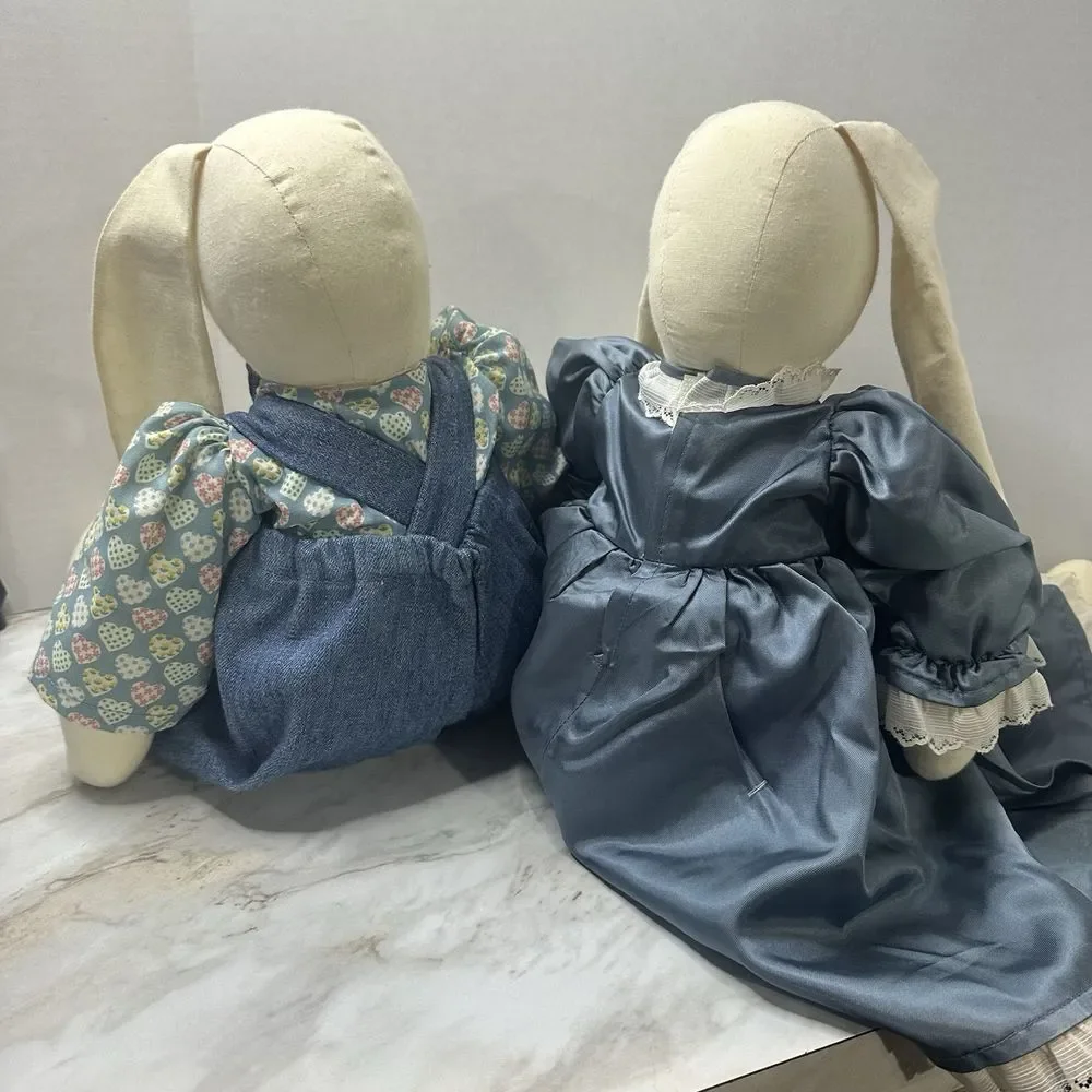 VTG Handmade Country  Bunny Rabbits Plush Set Coquette Country Chic Primitive‎